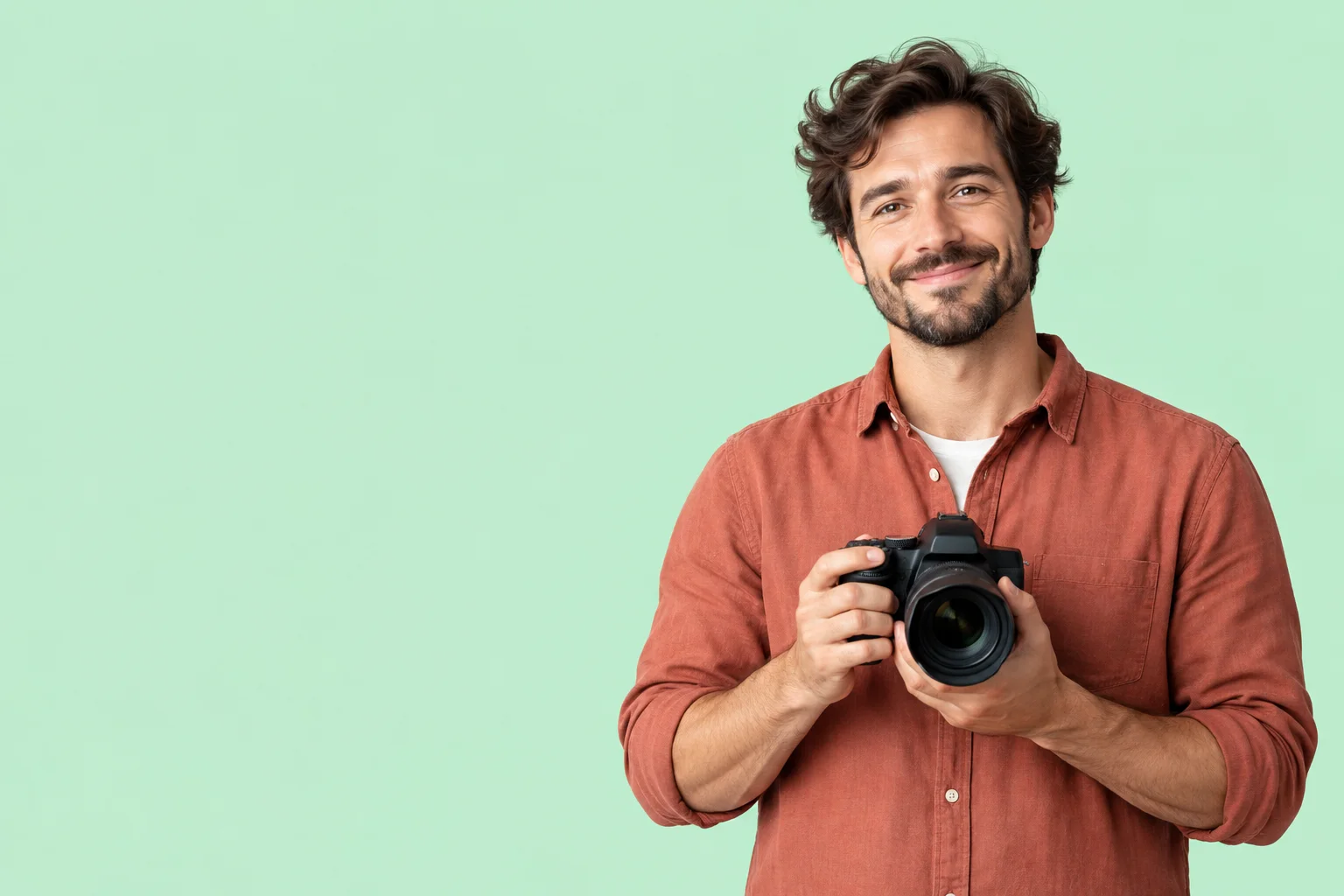Photographer holding a camera, with empty space to the left for a headline.