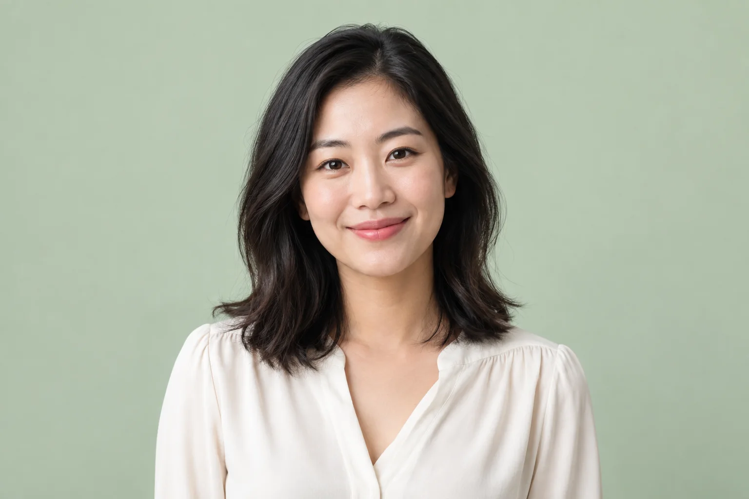 Portrait of a woman against a pale green background.